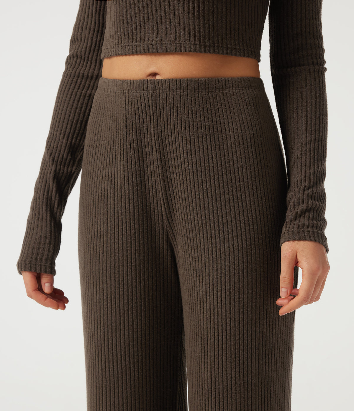 Ribbed Knit Mid Rise Straight Leg Casual Trousers — Field Brown — view 4