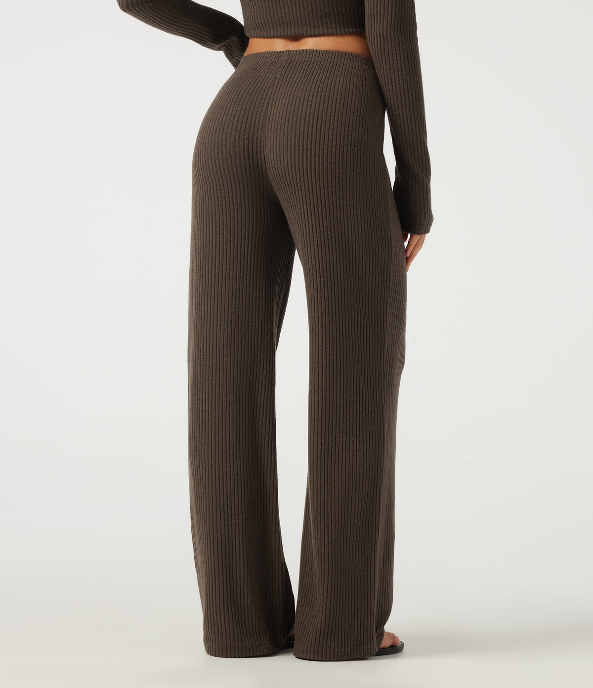 Ribbed Knit Mid Rise Straight Leg Casual Trousers — Field Brown — view 2
