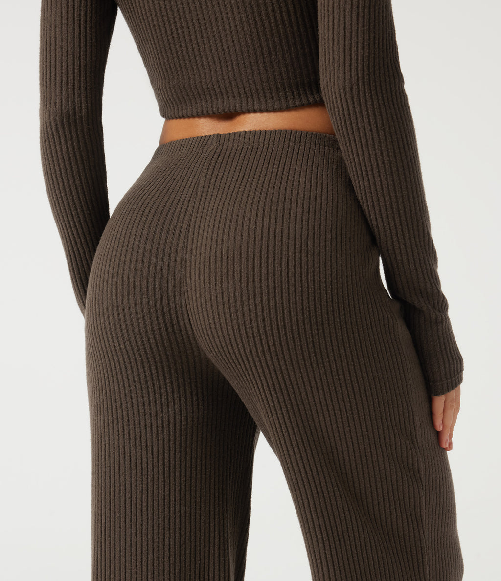 Ribbed Knit Mid Rise Straight Leg Casual Trousers — Field Brown — view 5