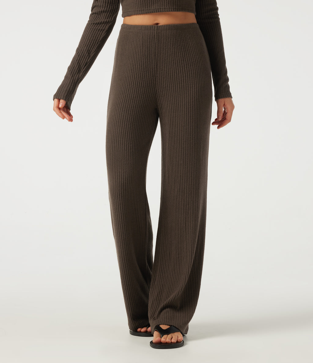 Ribbed Knit Mid Rise Straight Leg Casual Trousers — Field Brown — view 3