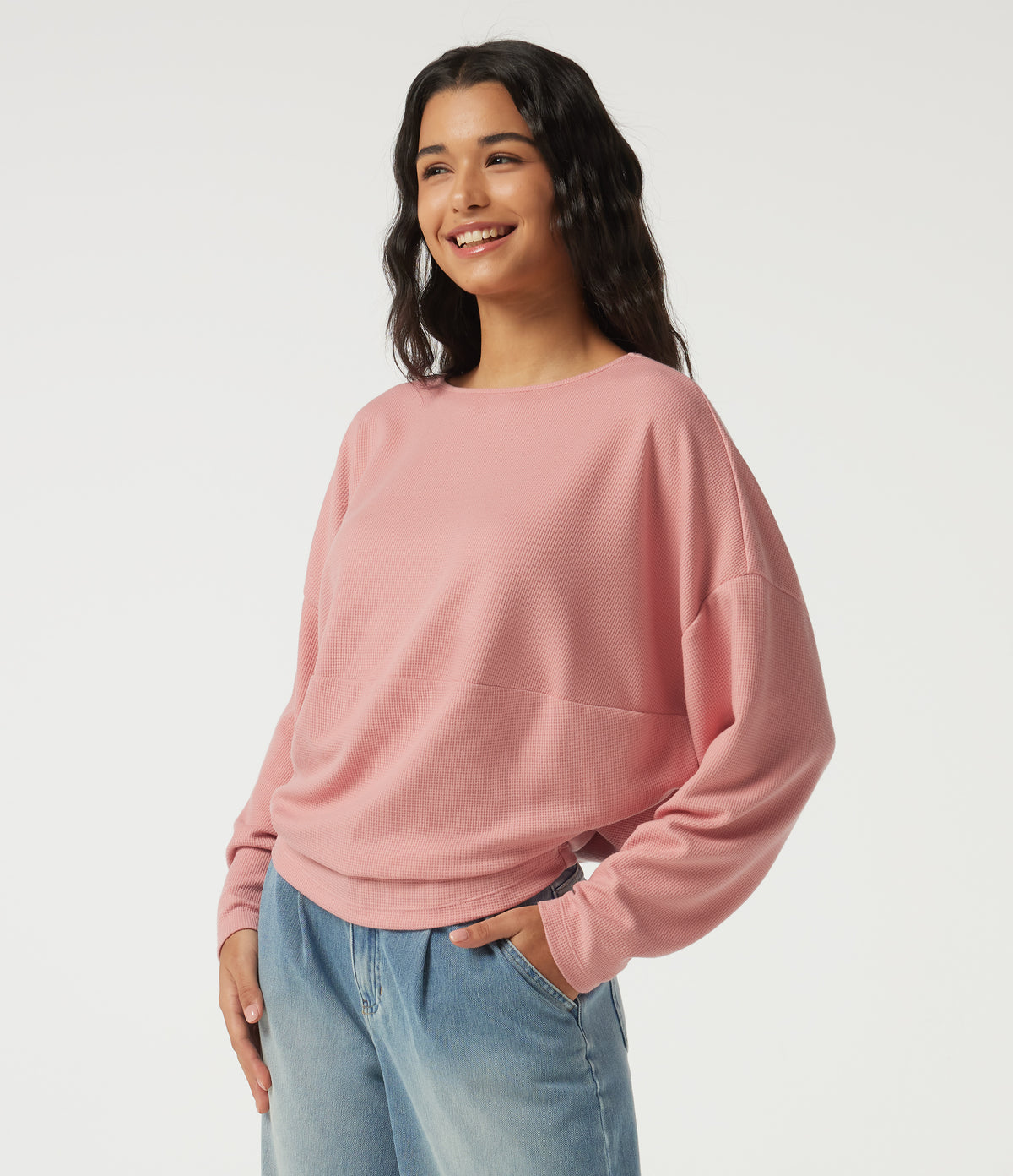 Boat Neck Long Sleeve Waffle Casual Top — Coral Cloud — view 3