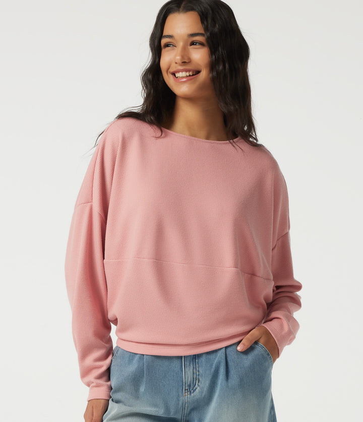 Boat Neck Long Sleeve Waffle Casual Top — Coral Cloud — view 1