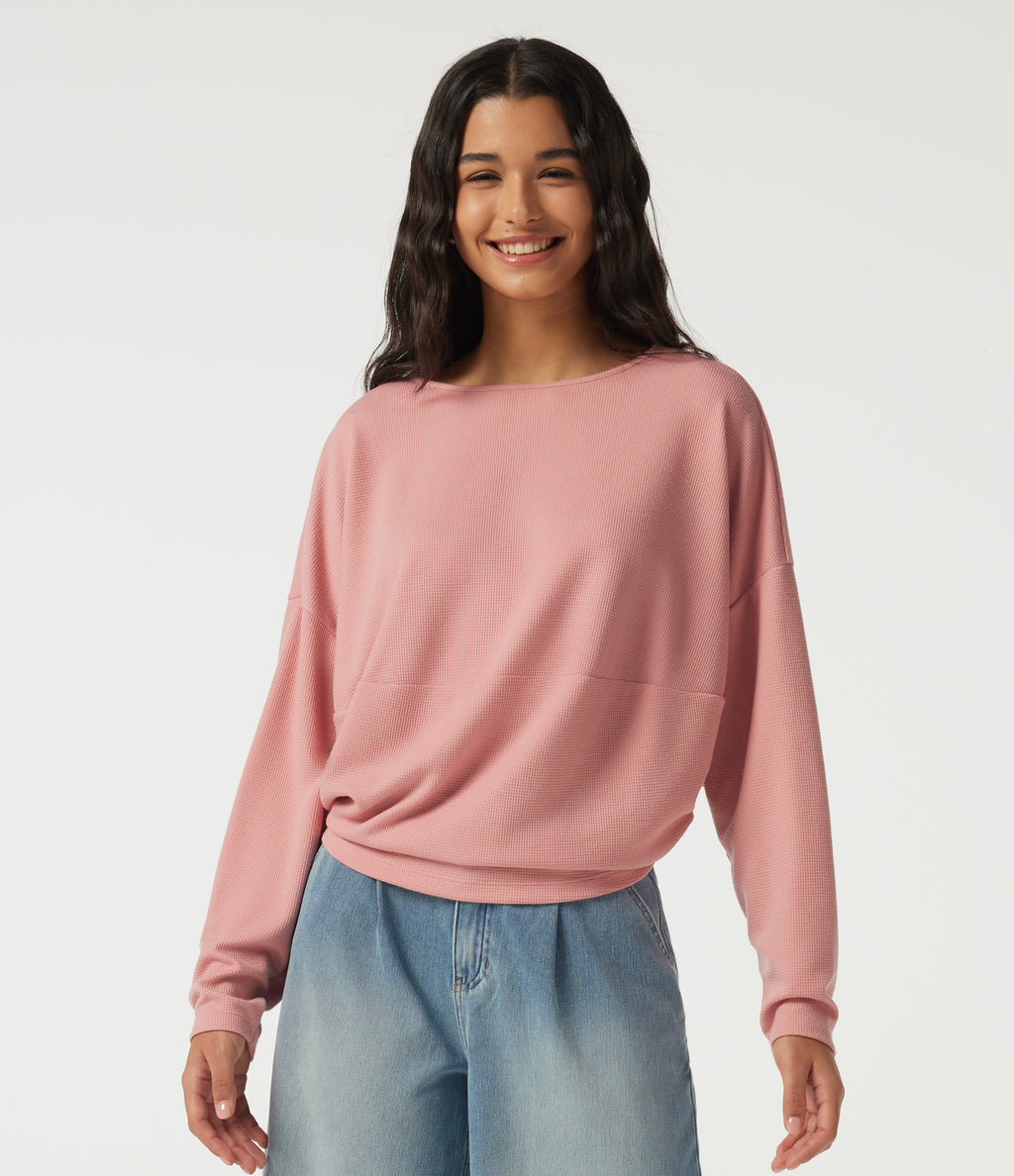 Boat Neck Long Sleeve Waffle Casual Top — Coral Cloud — view 4