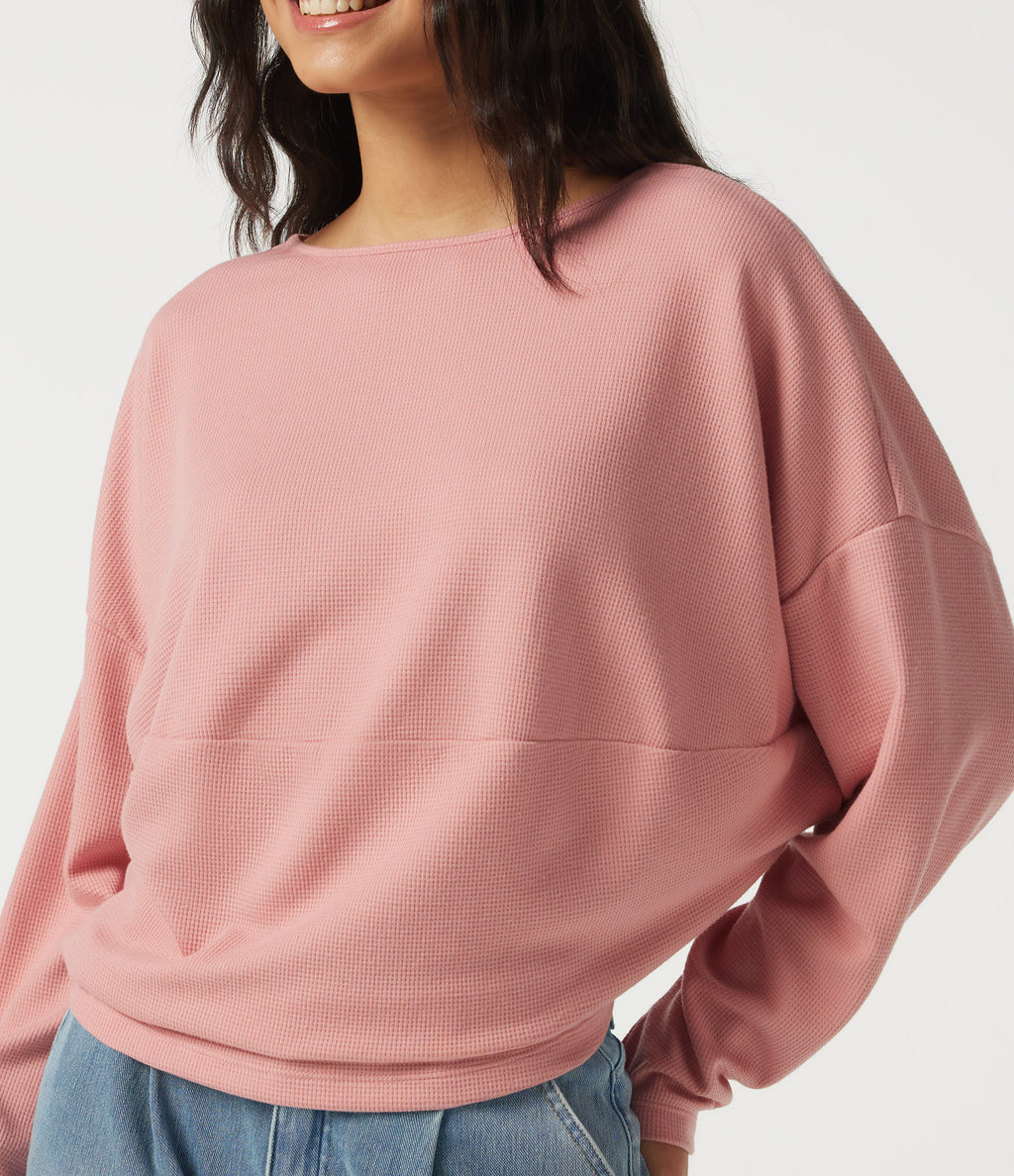 Boat Neck Long Sleeve Waffle Casual Top — Coral Cloud — view 5