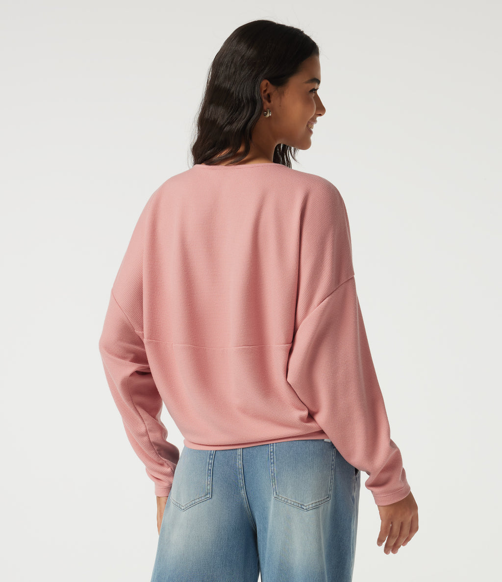 Boat Neck Long Sleeve Waffle Casual Top — Coral Cloud — view 2