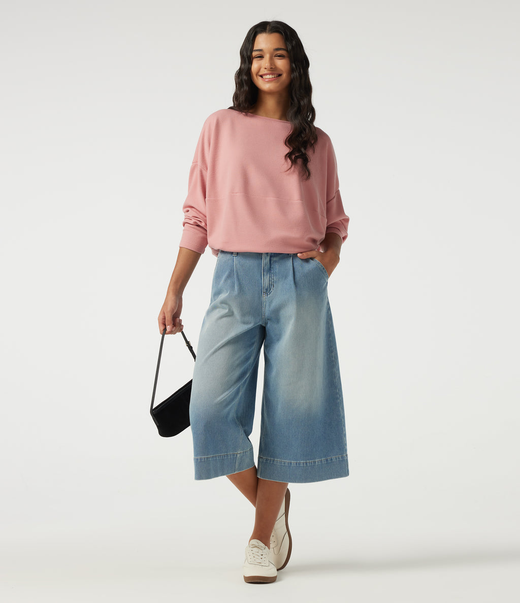 Boat Neck Long Sleeve Waffle Casual Top — Coral Cloud — view 6