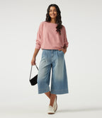Boat Neck Long Sleeve Waffle Casual Top — Coral Cloud — view 6