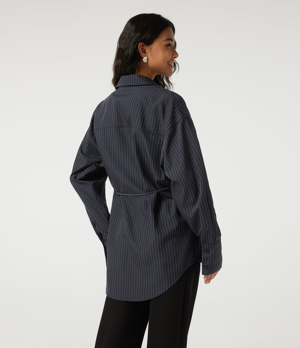 Long Sleeve Stripe Casual Shirt with Pocket — Collegiate Blue — view 2