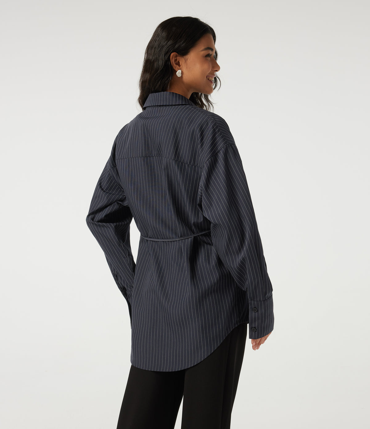 Long Sleeve Stripe Casual Shirt with Pocket — Collegiate Blue — view 2