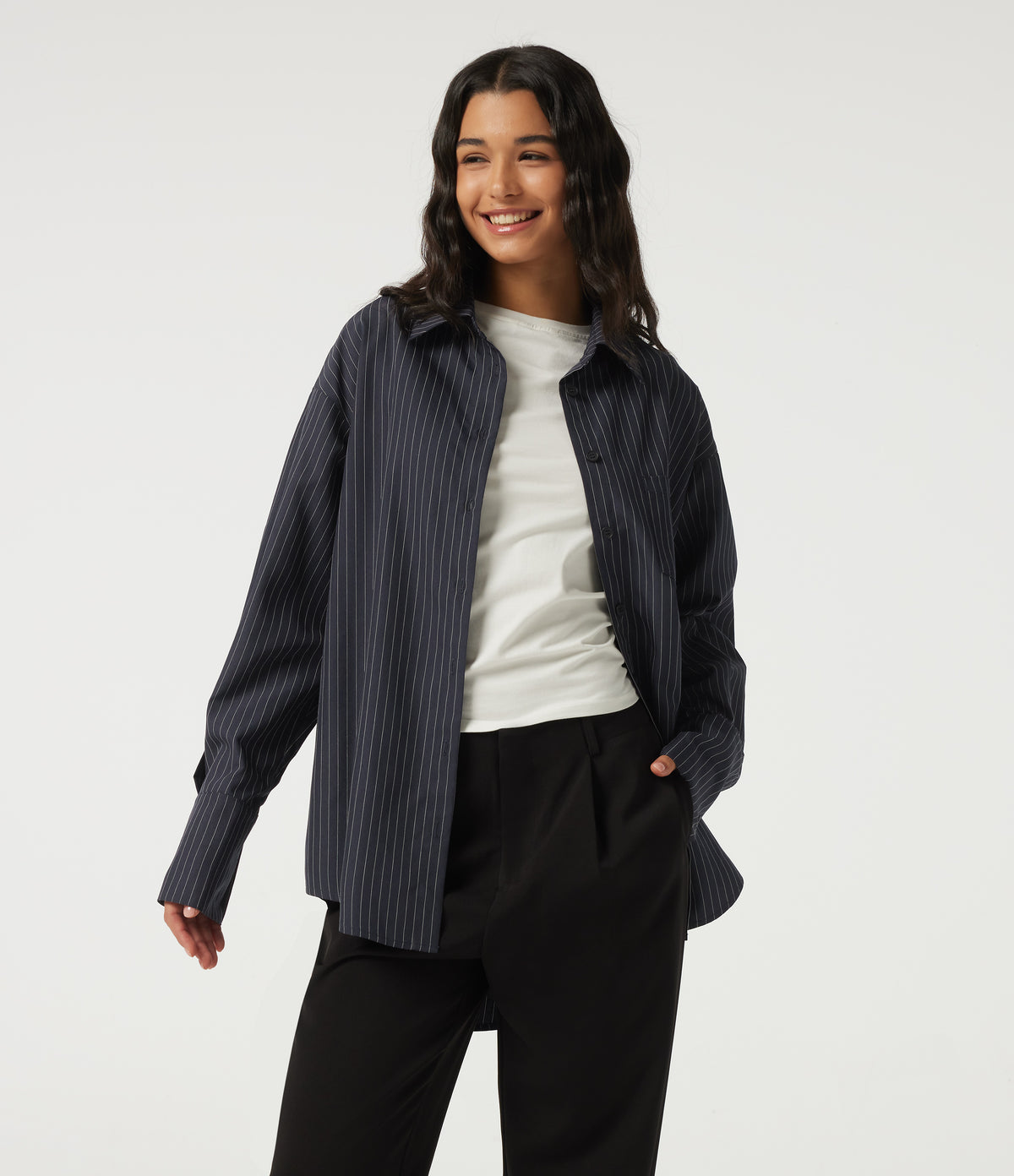 Long Sleeve Stripe Casual Shirt with Pocket — Collegiate Blue — view 4