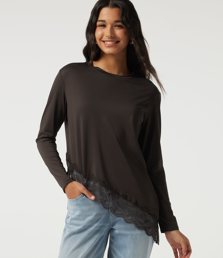 Round Neck Long Sleeve Asymmetric Contrast Lace Casual T-Shirt — Hot Fudge — view 1