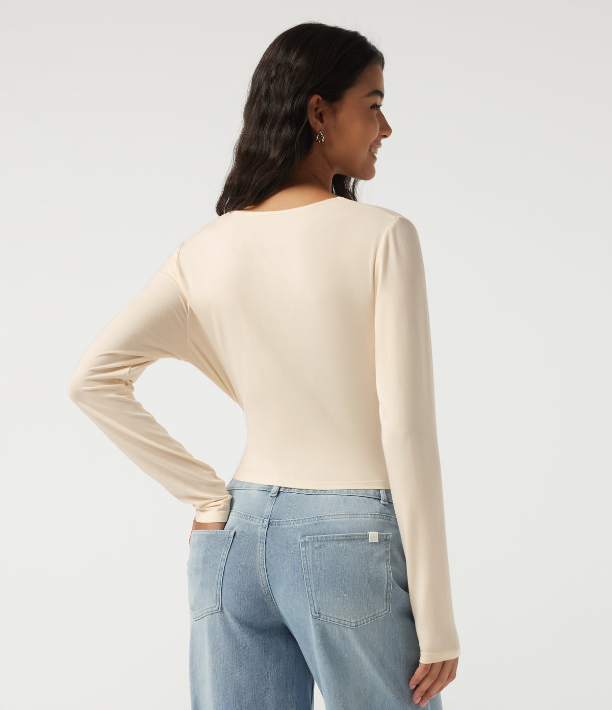Deep V Neck Long Sleeve Casual T-Shirt — Arctic Wolf — view 2