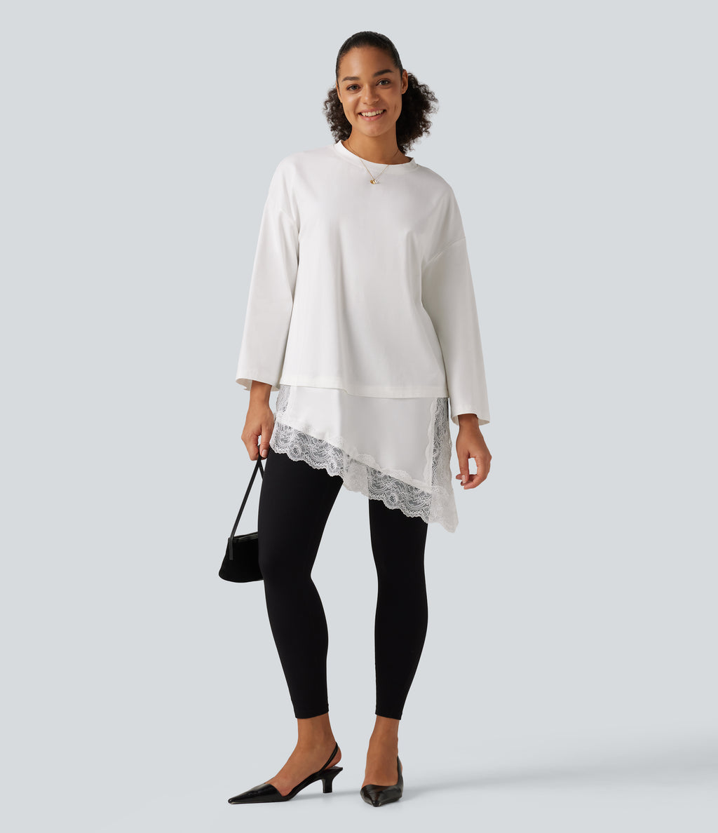 Round Neck Flounce 9/10 Sleeve Asymmetric Contrast Lace Casual Cotton T-Shirt — White — view 7