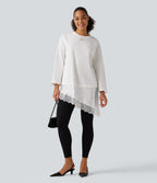 Round Neck Flounce 9/10 Sleeve Asymmetric Contrast Lace Casual Cotton T-Shirt — White — view 7