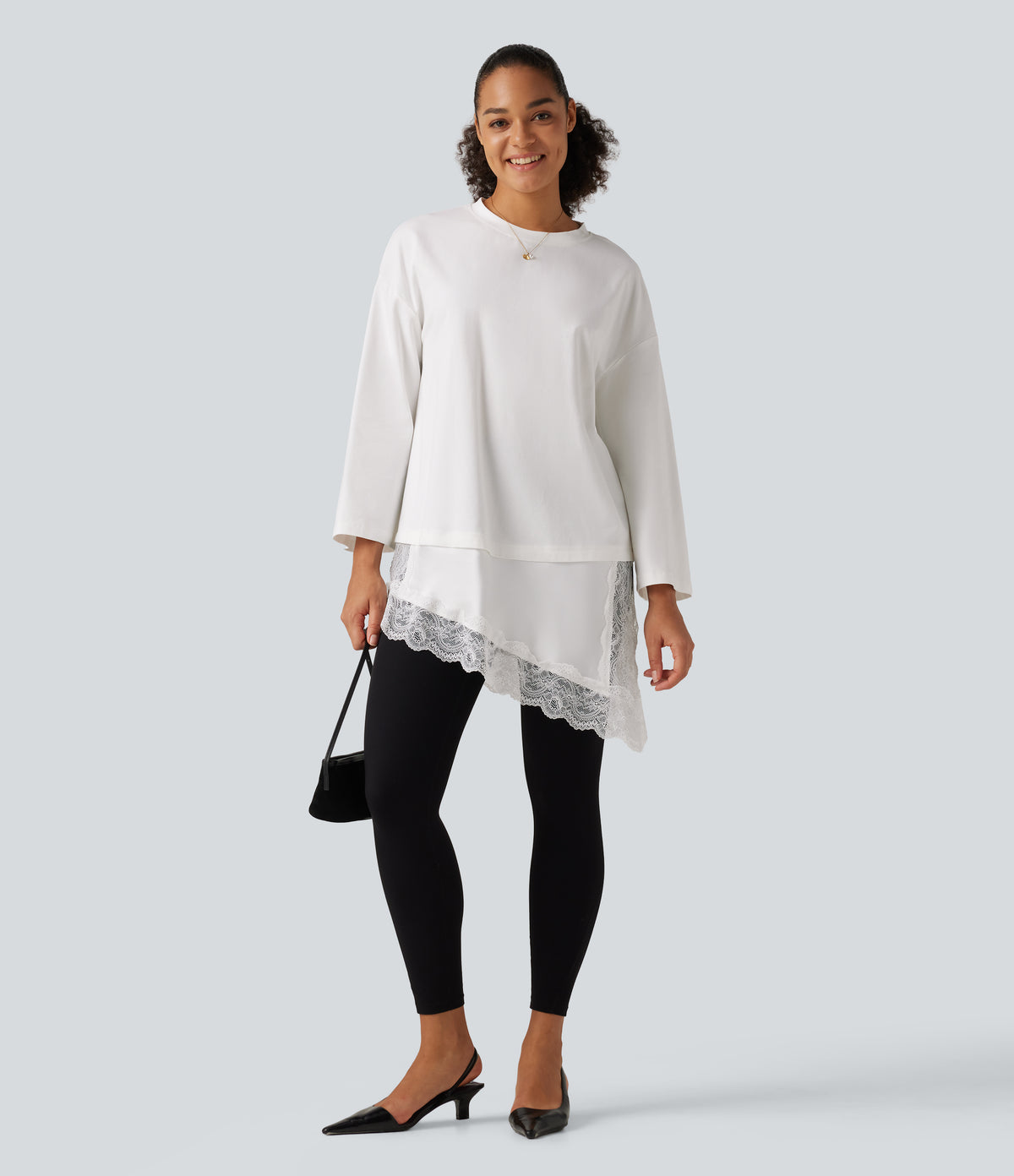 Round Neck Flounce 9/10 Sleeve Asymmetric Contrast Lace Casual Cotton T-Shirt — White — view 7
