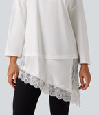 Round Neck Flounce 9/10 Sleeve Asymmetric Contrast Lace Casual Cotton T-Shirt — White — view 5