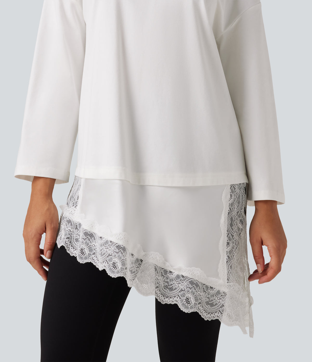 Round Neck Flounce 9/10 Sleeve Asymmetric Contrast Lace Casual Cotton T-Shirt — White — view 5