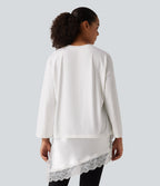 Round Neck Flounce 9/10 Sleeve Asymmetric Contrast Lace Casual Cotton T-Shirt — White — view 2