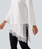 Round Neck Flounce 9/10 Sleeve Asymmetric Contrast Lace Casual Cotton T-Shirt — White — view 6