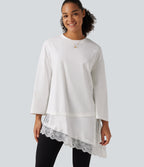 Round Neck Flounce 9/10 Sleeve Asymmetric Contrast Lace Casual Cotton T-Shirt — White — view 1