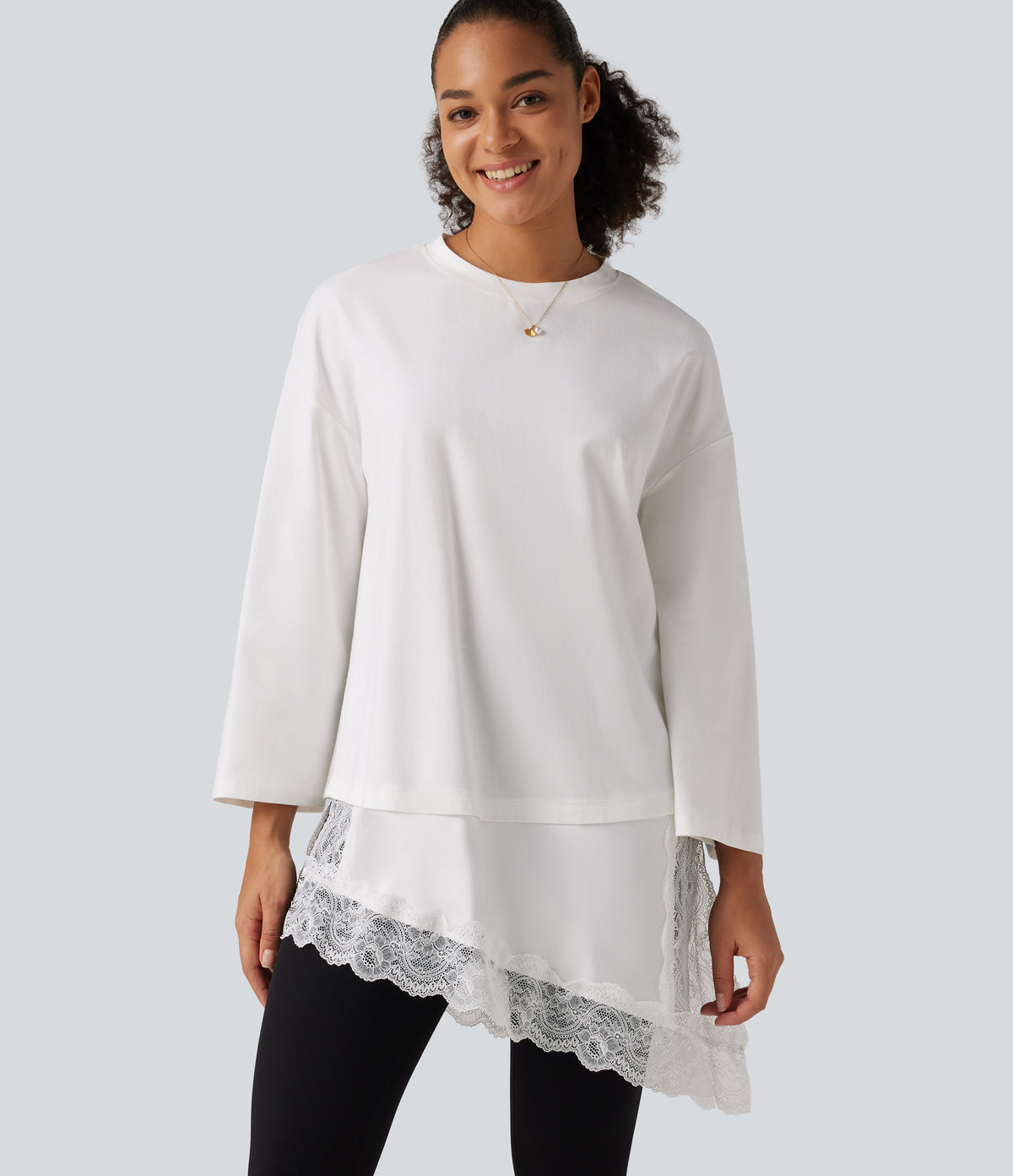 Round Neck Flounce 9/10 Sleeve Asymmetric Contrast Lace Casual Cotton T-Shirt — White — view 1