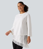 Round Neck Flounce 9/10 Sleeve Asymmetric Contrast Lace Casual Cotton T-Shirt — White — view 3