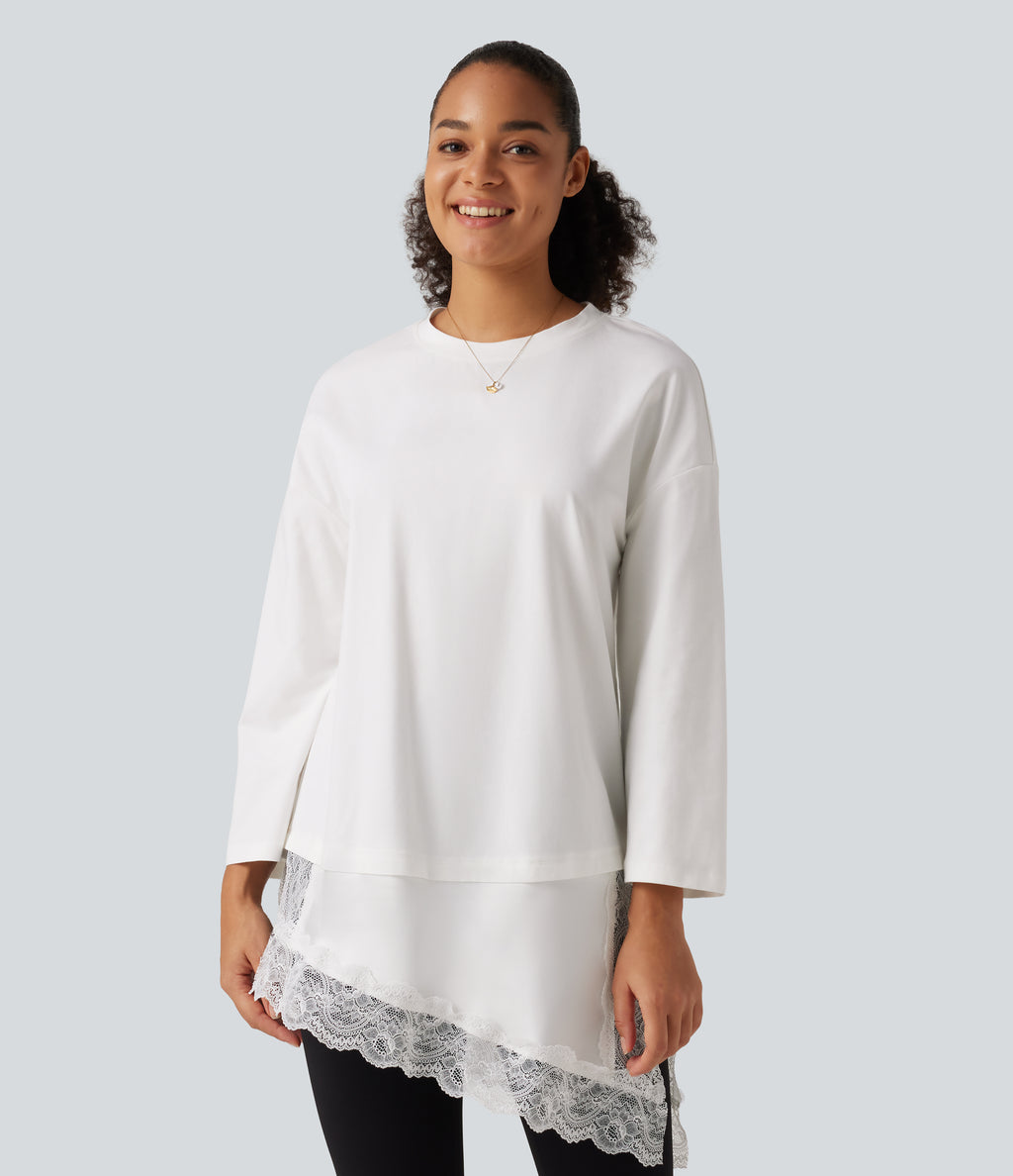 Round Neck Flounce 9/10 Sleeve Asymmetric Contrast Lace Casual Cotton T-Shirt — White — view 4