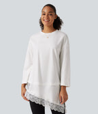 Round Neck Flounce 9/10 Sleeve Asymmetric Contrast Lace Casual Cotton T-Shirt — White — view 4