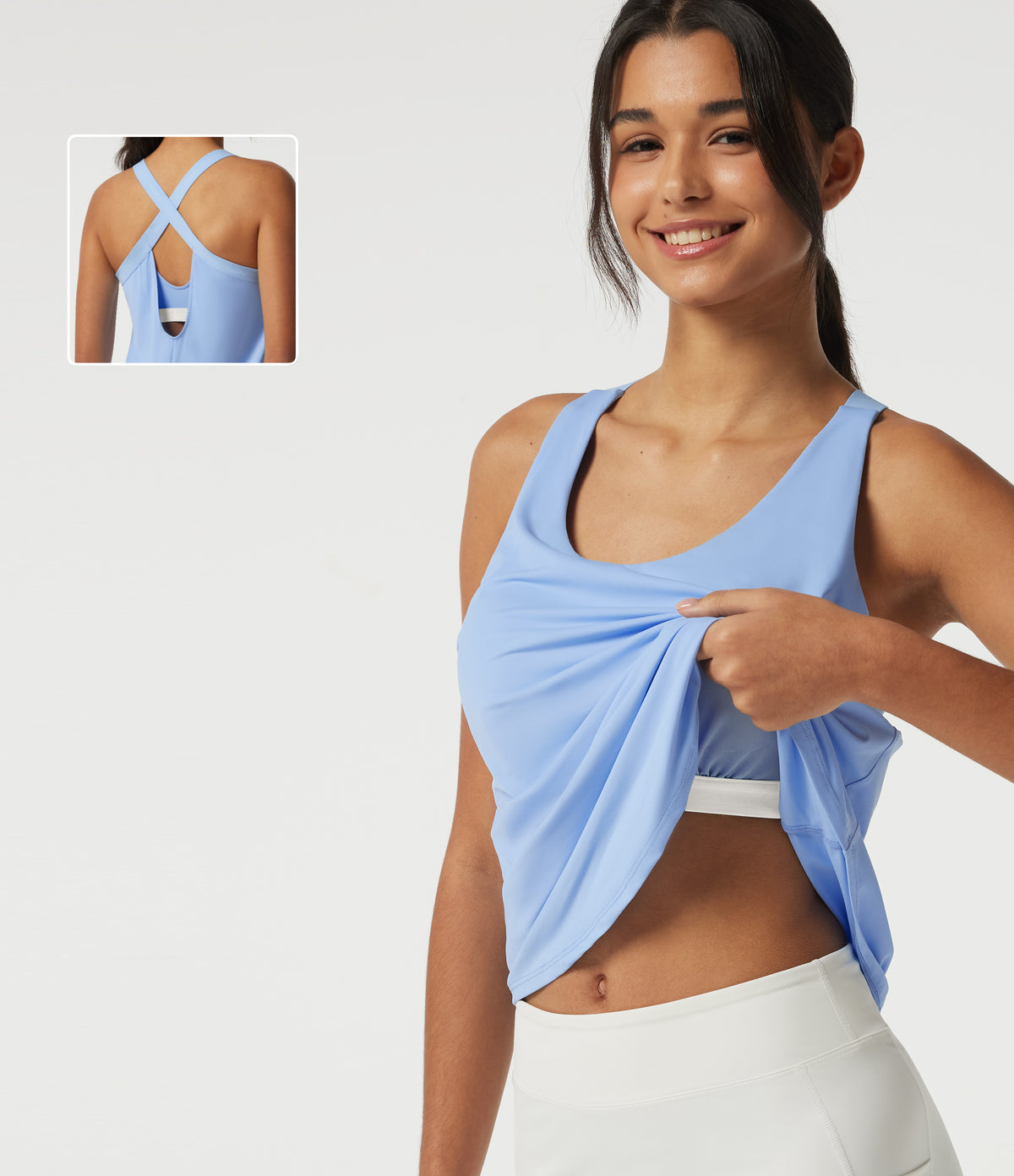 U Neck Cut Out Curved Hem Quick Dry Built-in Bra Yoga Tank Top for DD-F Cups — Sky Blue — view 1