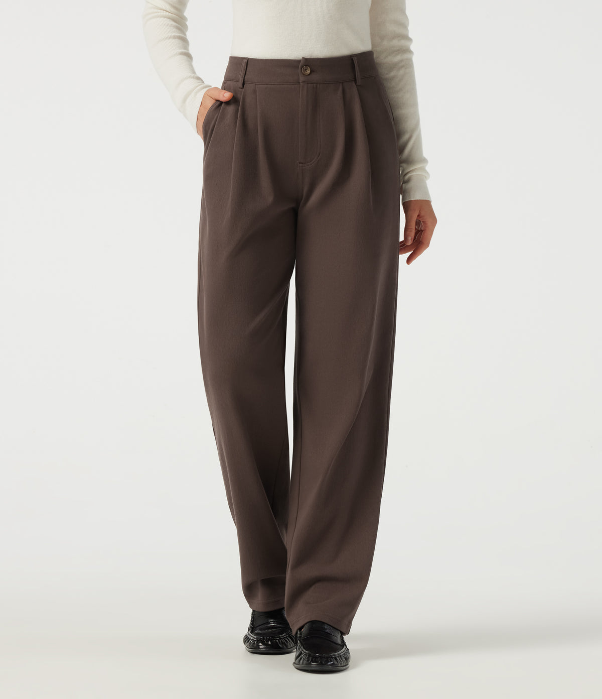 Mid Rise Straight Leg Work Cotton Trousers with Pockets — Chocolate Martini — view 2