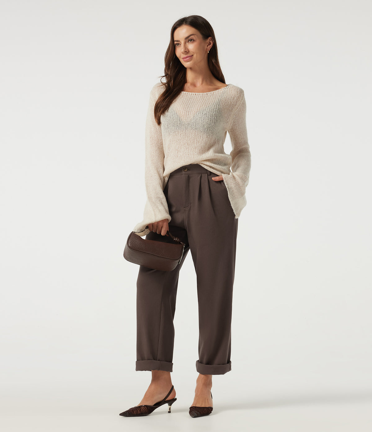 Mid Rise Straight Leg Work Cotton Trousers with Pockets — Chocolate Martini — view 4