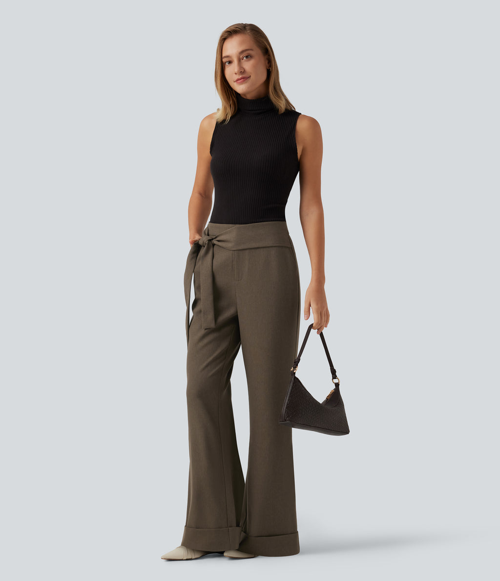 High Waisted Bootcut Tie Side Casual Trousers with Pockets — Cub — view 8