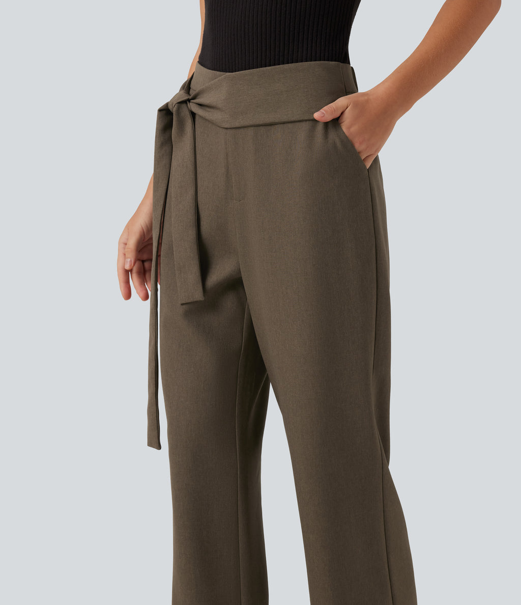 High Waisted Bootcut Tie Side Casual Trousers with Pockets — Cub — view 4