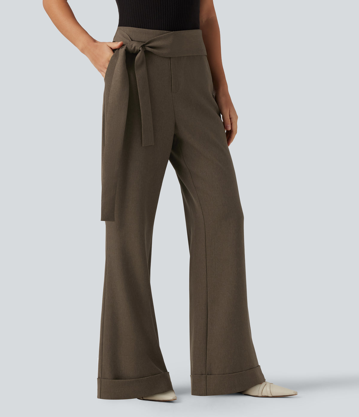 High Waisted Bootcut Tie Side Casual Trousers with Pockets — Cub — view 3