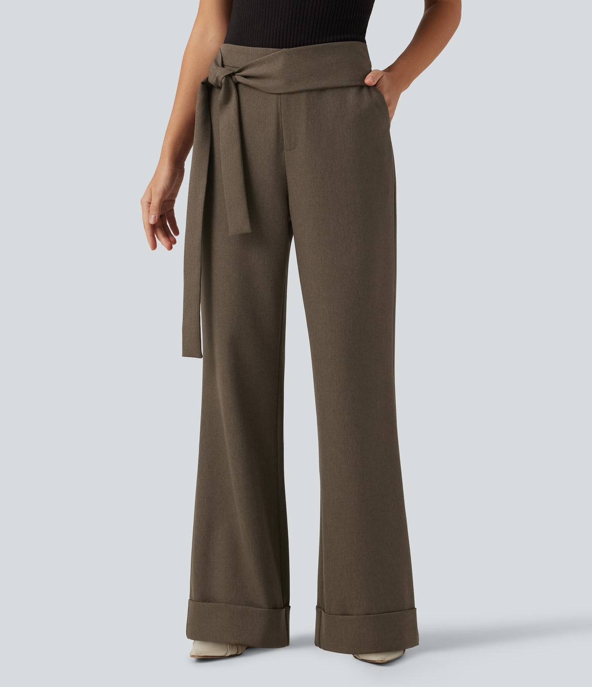 High Waisted Bootcut Tie Side Casual Trousers with Pockets — Cub — view 1