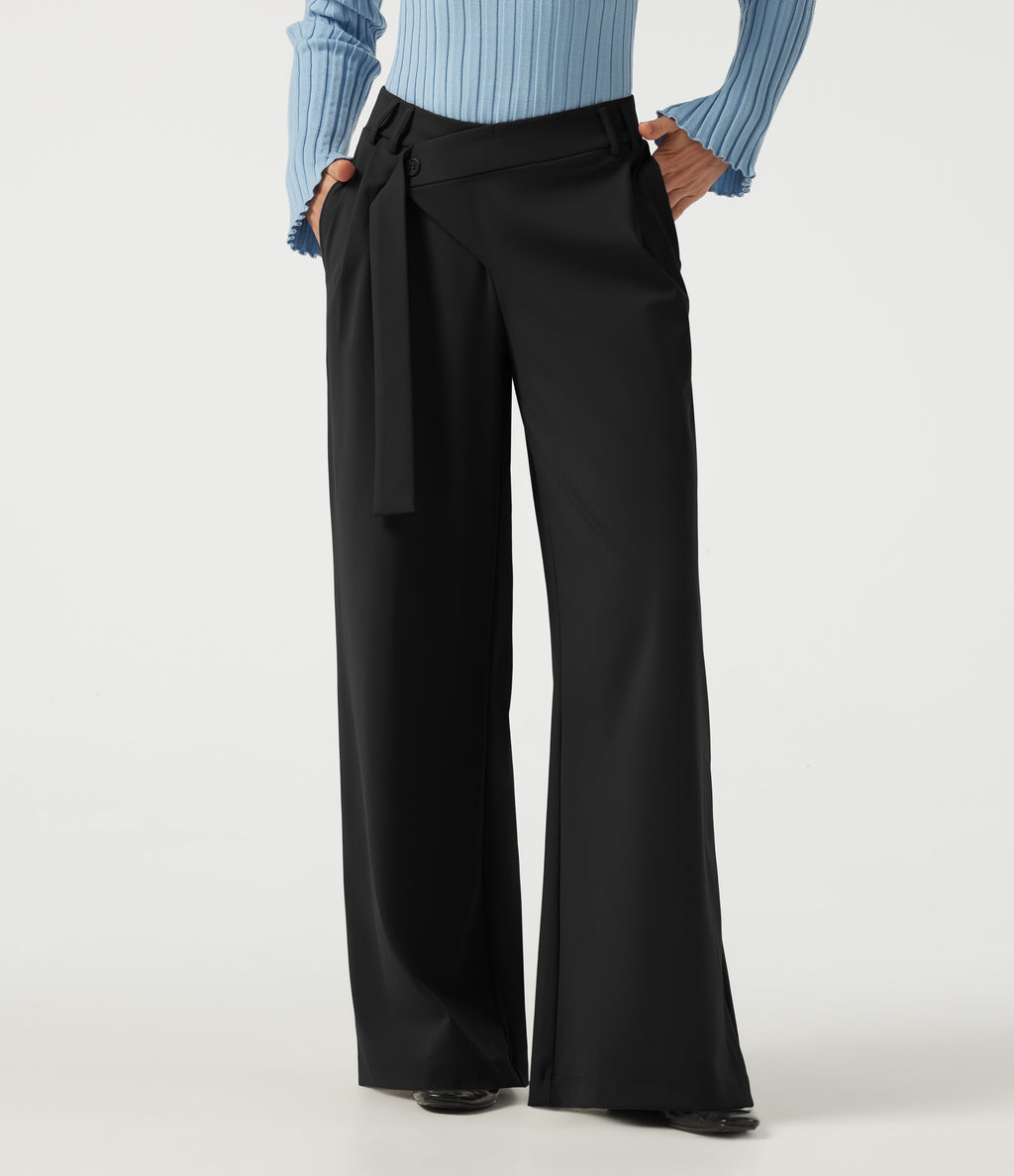 Mid Rise Asymmetric Wide Leg Work Trousers with Pockets — Black — view 1