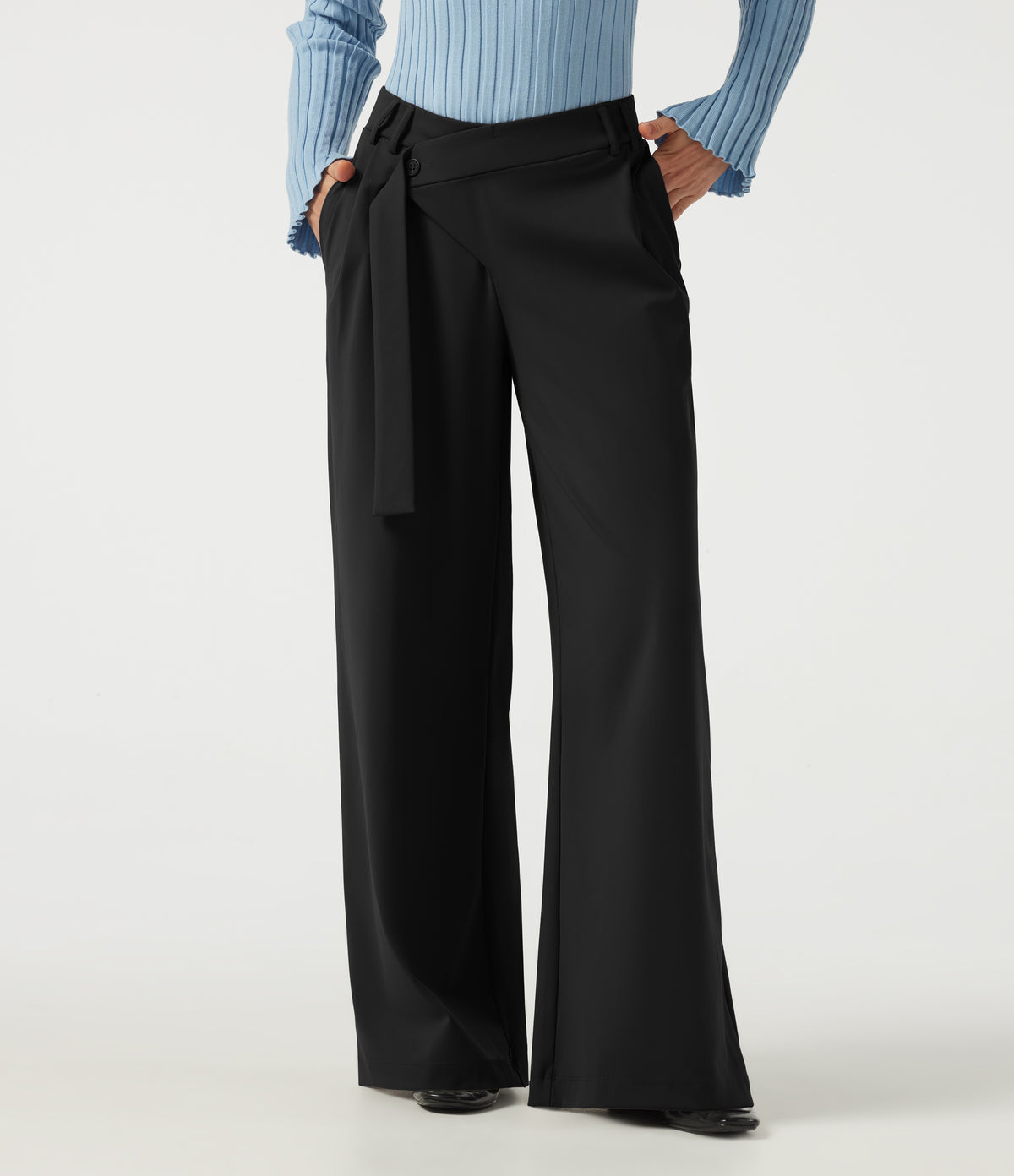 Mid Rise Asymmetric Wide Leg Work Trousers with Pockets — Black — view 1