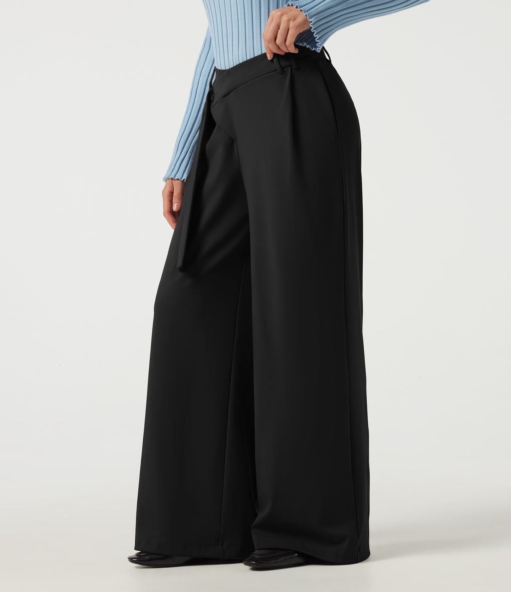 Mid Rise Asymmetric Wide Leg Work Trousers with Pockets — Black — view 3