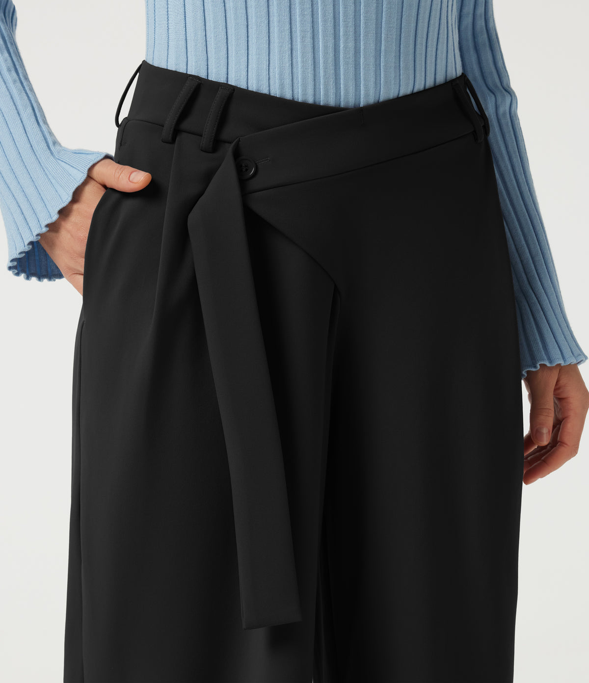 Mid Rise Asymmetric Wide Leg Work Trousers with Pockets — Black — view 5