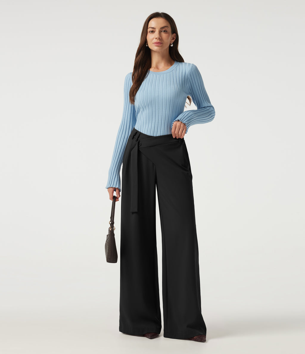Mid Rise Asymmetric Wide Leg Work Trousers with Pockets — Black — view 7
