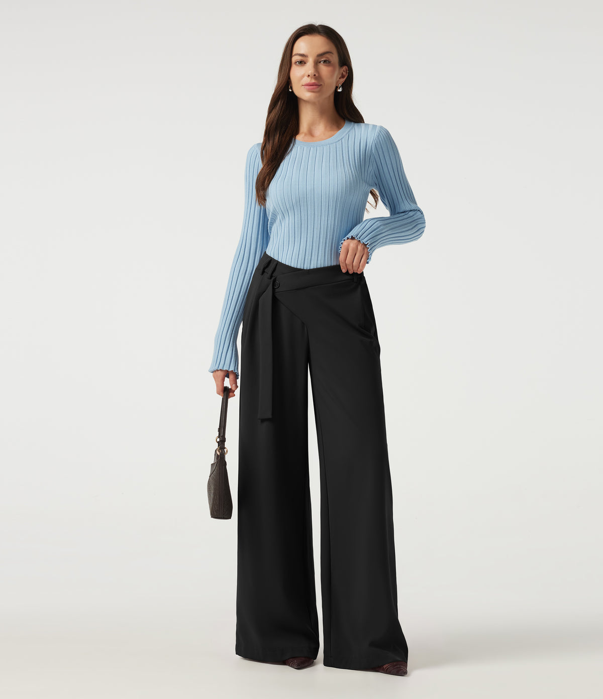 Mid Rise Asymmetric Wide Leg Work Trousers with Pockets — Black — view 7