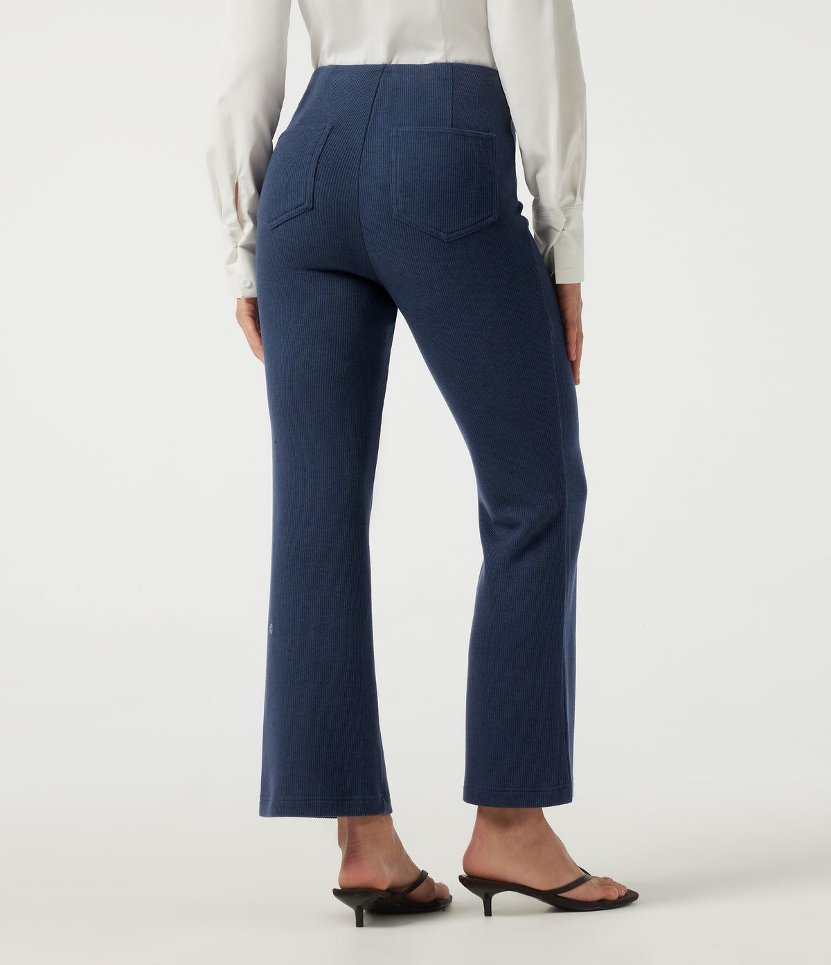 Ribbed Knit High Waisted Tummy Control Bootcut Casual Trousers with Pockets — Mood Indigo — view 2
