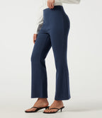 Ribbed Knit High Waisted Tummy Control Bootcut Casual Trousers with Pockets — Mood Indigo — view 7