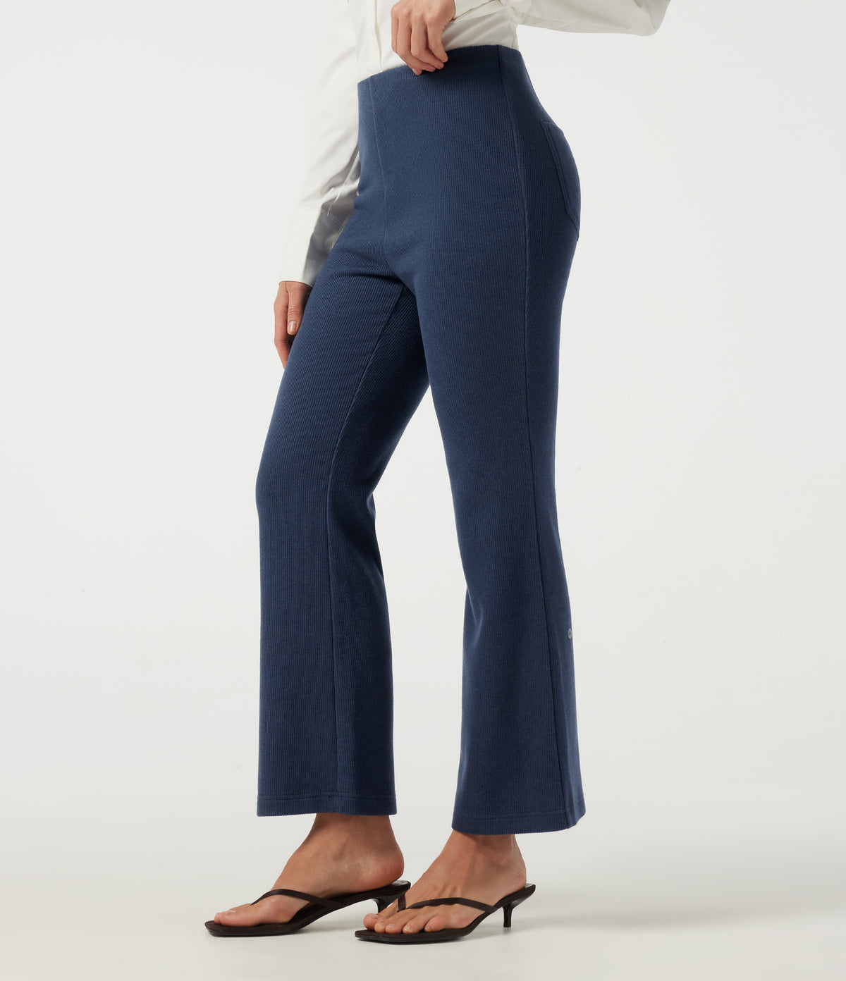 Ribbed Knit High Waisted Tummy Control Bootcut Casual Trousers with Pockets — Mood Indigo — view 7