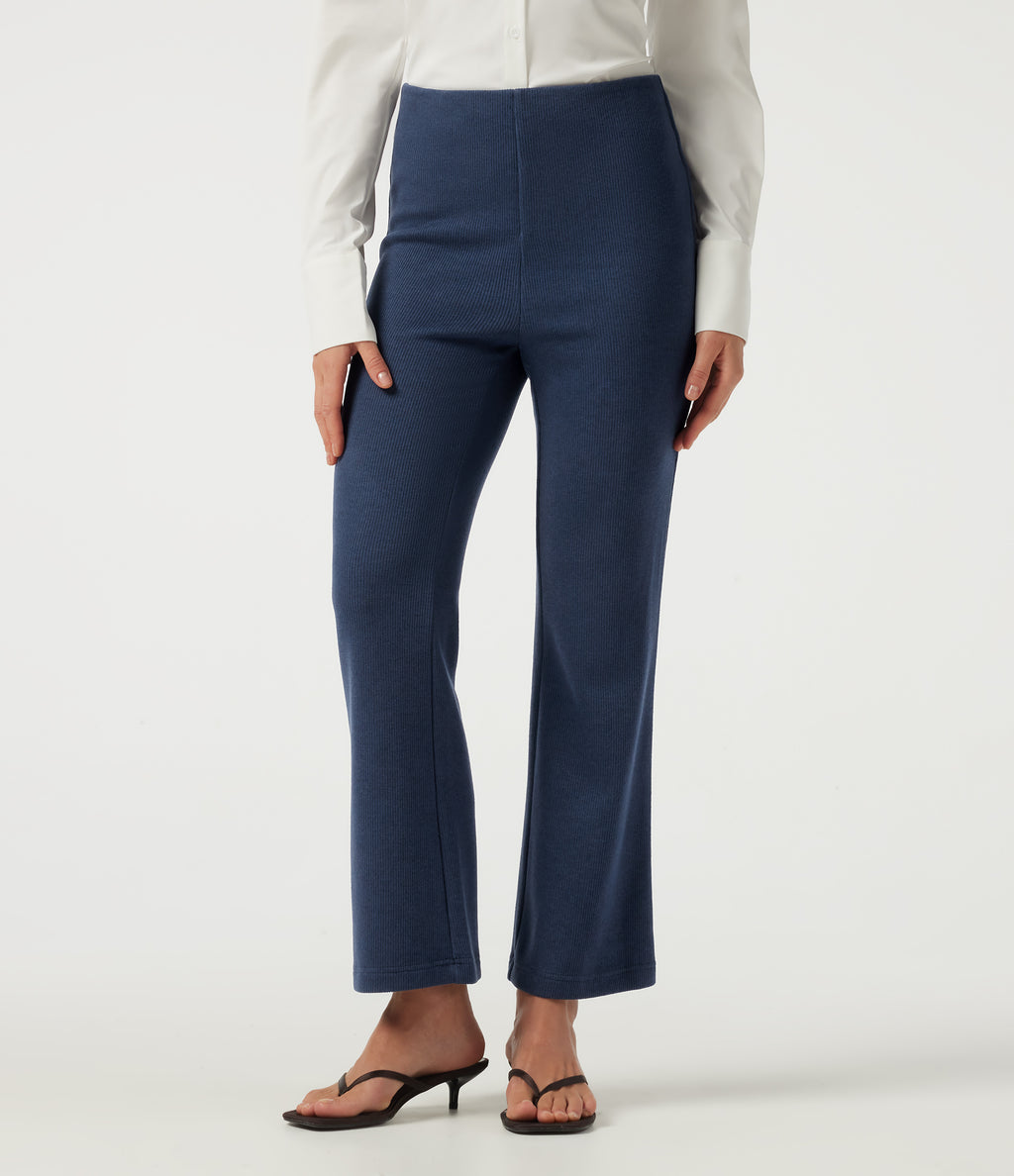 Ribbed Knit High Waisted Tummy Control Bootcut Casual Trousers with Pockets — Mood Indigo — view 3