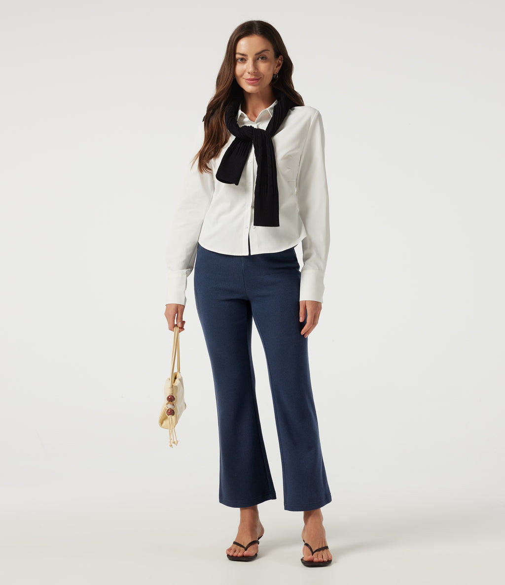 Ribbed Knit High Waisted Tummy Control Bootcut Casual Trousers with Pockets — Mood Indigo — view 6