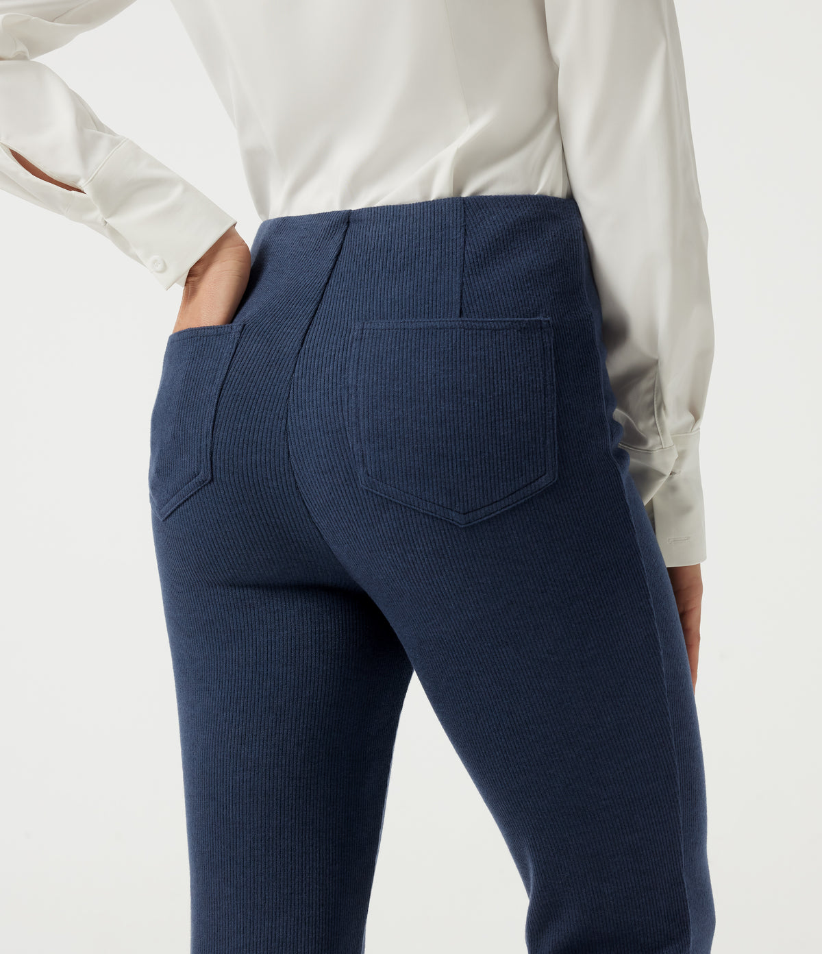 Ribbed Knit High Waisted Tummy Control Bootcut Casual Trousers with Pockets — Mood Indigo — view 4