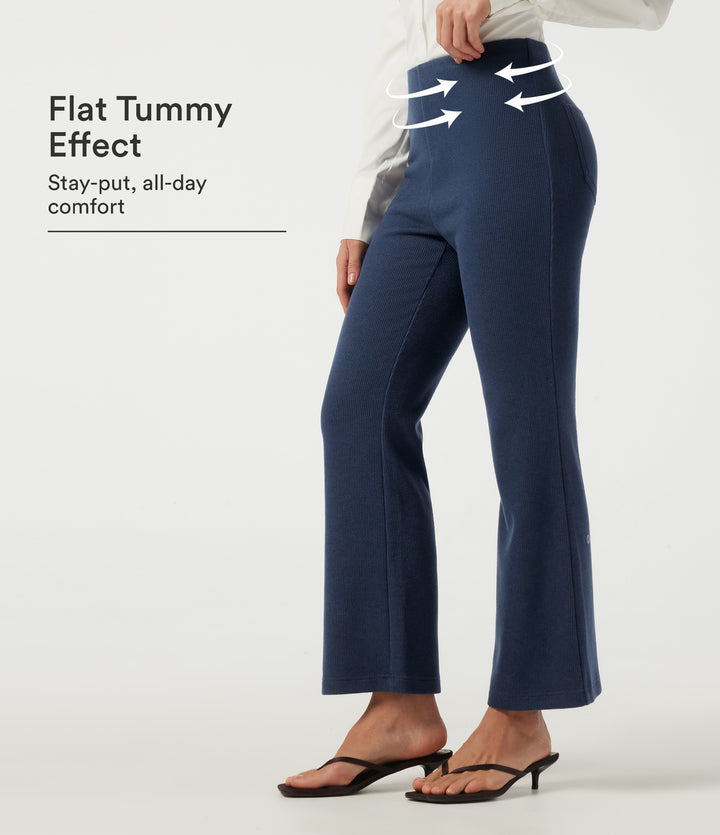 Ribbed Knit High Waisted Tummy Control Bootcut Casual Trousers with Pockets — Mood Indigo — view 1