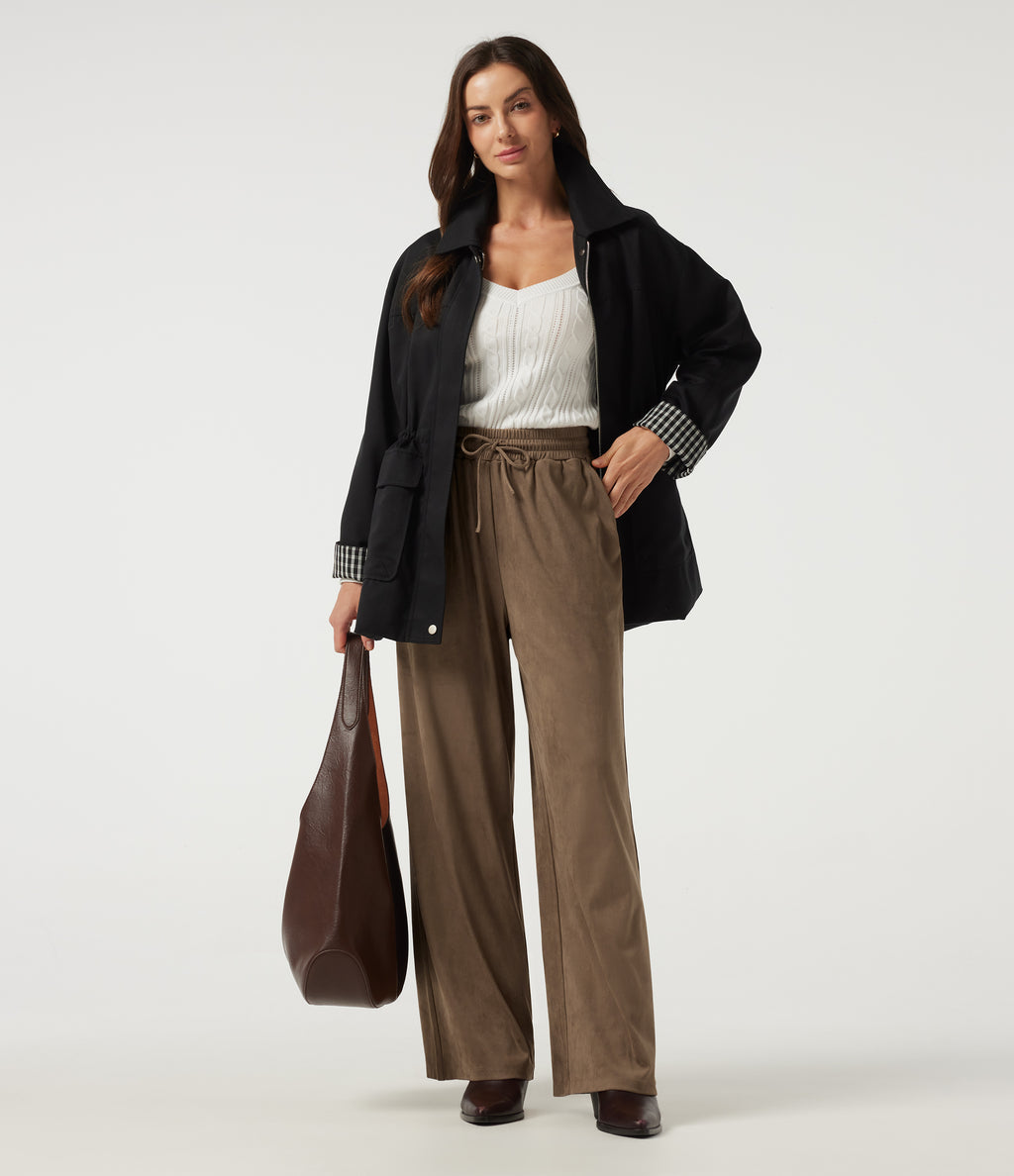 High Waisted Drawstring Wide Leg Suede Casual Trousers with Pockets — Coca Mocha — view 7
