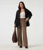 High Waisted Drawstring Wide Leg Suede Casual Trousers with Pockets — Coca Mocha — view 7